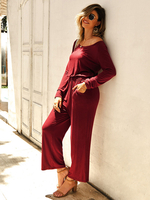 Damen Burgunder Bateau Neck lange Ärmel offene Schulter Polyester Loose Summer One Piece Outfit