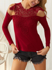 Damen Burgunder Bluse Langarm Polyester Offene Schulter Spitze Ausschnitt Jewel Neck T Shirt