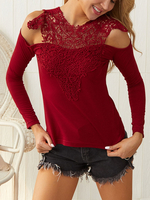 Damen Burgunder Bluse Langarm Polyester Offene Schulter Spitze Ausschnitt Jewel Neck T Shirt