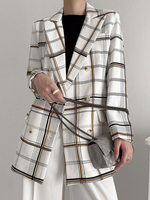 Damen Casual Blazer Weiß Plaid Turndown Kragen Langarm Zweireiher Casual Jacken