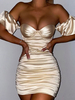 Damen Club Kleid Ecru Weiß Bateau Neck Plissee Kurzarm Polyester Offene Schulter Sexy Bodycon Kleid