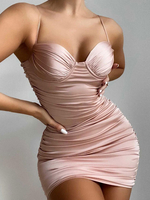 Damen Club Kleid Pink Straps Neck Plissee Ärmelloses Polyester Sexy Cami Kleid Bodycon Kleid