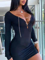 Damen Club Kleid Schwarz V-Ausschnitt Schnürung Langarm Polyester Sexy Bodycon Kleid