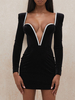 Damen Club Kleid V-Ausschnitt Langarm Velours Two Tone Black Bodycon Kleid Sexy Midi Kleid