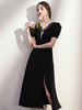 Damen Cocktailkleid Schwarz Elegant Tee-Länge Mantel V-Ausschnitt Perlen