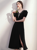 Damen Cocktailkleid Schwarz Elegant Tee-Länge Mantel V-Ausschnitt Perlen