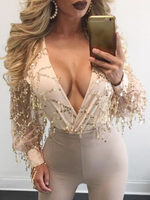 Damen Crotch Top Aprikose Langarm Pailletten Polyester Skinny Summer One Piece Outfit