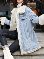 Damen Denim Mantel Turndown Kragen Taschen Casual Ecru White Woolen Coat