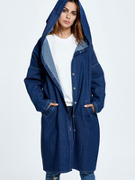 Damen Denim Mäntel Deep Blue Hooded Langarm Oversized Coat