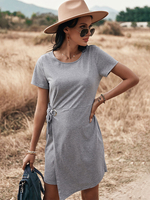 Damen Etuikleider Baumwolle Kurzarm Jewel Neck Knotted Hellgraues Tunika-Kleid
