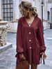 Damen Etuikleider Burgunder Langarm Schnürschuhe V-Ausschnitt Casual Tube Dress Midikleid