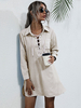 Damen Etuikleider Khaki Turndown Kragen Langarm Baumwolle Charming Stripes Tunika Kleid