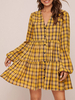 Damen Etuikleider Langarm Baumwolle Plaid Mittellang Lässig Gelbes Röhrenkleid