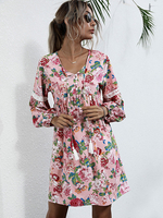 Damen Etuikleider Langarm Bedrucktes V-Ausschnitt Klassisches Pink Tunika Kleid