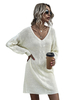 Damen Etuikleider Langarm Klassisches Ecru White Polyester Tunika Kleid mit V-Ausschnitt