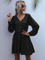 Damen Etuikleider Langarm Klassisches Schwarzes Tunika-Kleid mit V-Ausschnitt Lässiges Midikleid