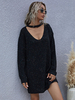 Damen Etuikleider Lange Ärmel Klassischer V-Ausschnitt Baumwolle Polyester Schwarzes Tunikakleid