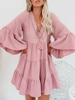 Damen Etuikleider Pink V-Ausschnitt 3/4 Länge Ärmel Schnürschlauchkleid