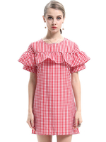 Damen Etuikleider Red Plaid Kurzarm Casual Jewel Neck Tunika Kleid
