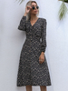 Damen Etuikleider Schwarz V-Ausschnitt Langarm Baumwolle Modern Printed Long Tunic Dress