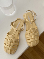 Damen Flache Sandalen Gelbe Akademische Flache PU-Leder Knöchelriemensandalen
