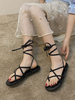 Damen Flache Sandalen Schwarz PU Leder Offene Zehen Flache Ferse Schicke Schnürsandalen