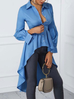 Damen Freizeithemd Blauer Turndown-Kragen Langarm Unregelmäßige Rüschenbluse