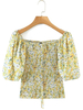 Damen gelbe Bluse Baumwolle Stretch Casual bedruckte Plissee Kurzarm Shirt Sweet Tops