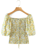 Damen gelbe Bluse Baumwolle Stretch Casual bedruckte Plissee Kurzarm Shirt Sweet Tops