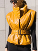 Damen Gelbe Jacke Stehkragen Ärmellose Lederweste Jacke