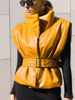 Damen Gelbe Jacke Stehkragen Ärmellose Lederweste Jacke