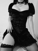 Damen Gothic Kleid Black Lace Elegant Kurzarm Polyester Midi Kleid
