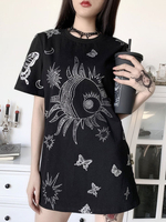 Damen Gothic Kleid Kurzarm Schwarz Baumwolle Top Retro Kleid