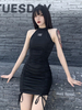 Damen Gothic Kleid Neckholder Botton Bandage Polyester Sommerkleid