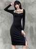 Damen Gothic Kleid Schwarz Gothic Polyester Bodycon Langarm Retro Kleid
