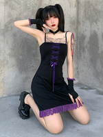 Damen Gothic Kleid Schwarz Polyester Spaghetti Lace Damenkleid