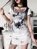 Damen Gothic Kleid Schwarz Sexy Baumwolle Kurzarm Bodycon Retro Kleid