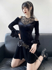 Damen Gothic Kleid Schwarze Spitze Langarm Polyester Bodycon Kleid