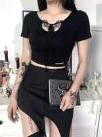 Damen Gothic Kurzarm Tops Schwarz Sexy Baumwolle Retro Tops