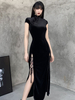 Damen Gothic Maxikleid High Collar Kurzarm Schwarz Polyester Split Kleid