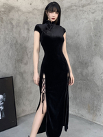 Damen Gothic Maxikleid High Collar Kurzarm Schwarz Polyester Split Kleid
