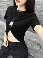 Damen Gothic Top Black Buckle Kurzarm Cotton Top Retro Tops