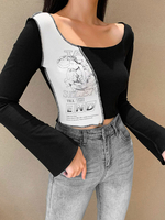 Damen Gothic Top Schwarz Applique Baumwolle Langarm Gothic Top