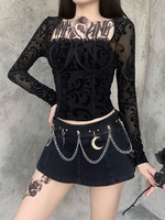 Damen Gothic Top Schwarz Ausgeschnittenes Gothic Polyester Lace Top