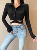 Damen Gothic Top Schwarz Langarm Turndown Collar Retro Top