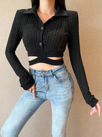 Damen Gothic Top Schwarz Langarm Turndown Collar Retro Top