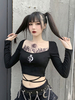Damen Gothic Tops Schwarz Langarm Baumwolle Retro Tops