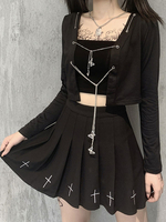 Damen Gothic Tops Schwarz Sexy Baumwolle Top Chain Langarm Tops