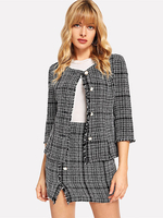 Damen Grau Zweiteiler Sets Polyester Fall 3/4 Länge Ärmel Plaid Retro Mantel Minirock Outfit