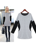 Damen Graue Bluse Langarm Baumwolle Two-Tone Jewel Neck T Shirt